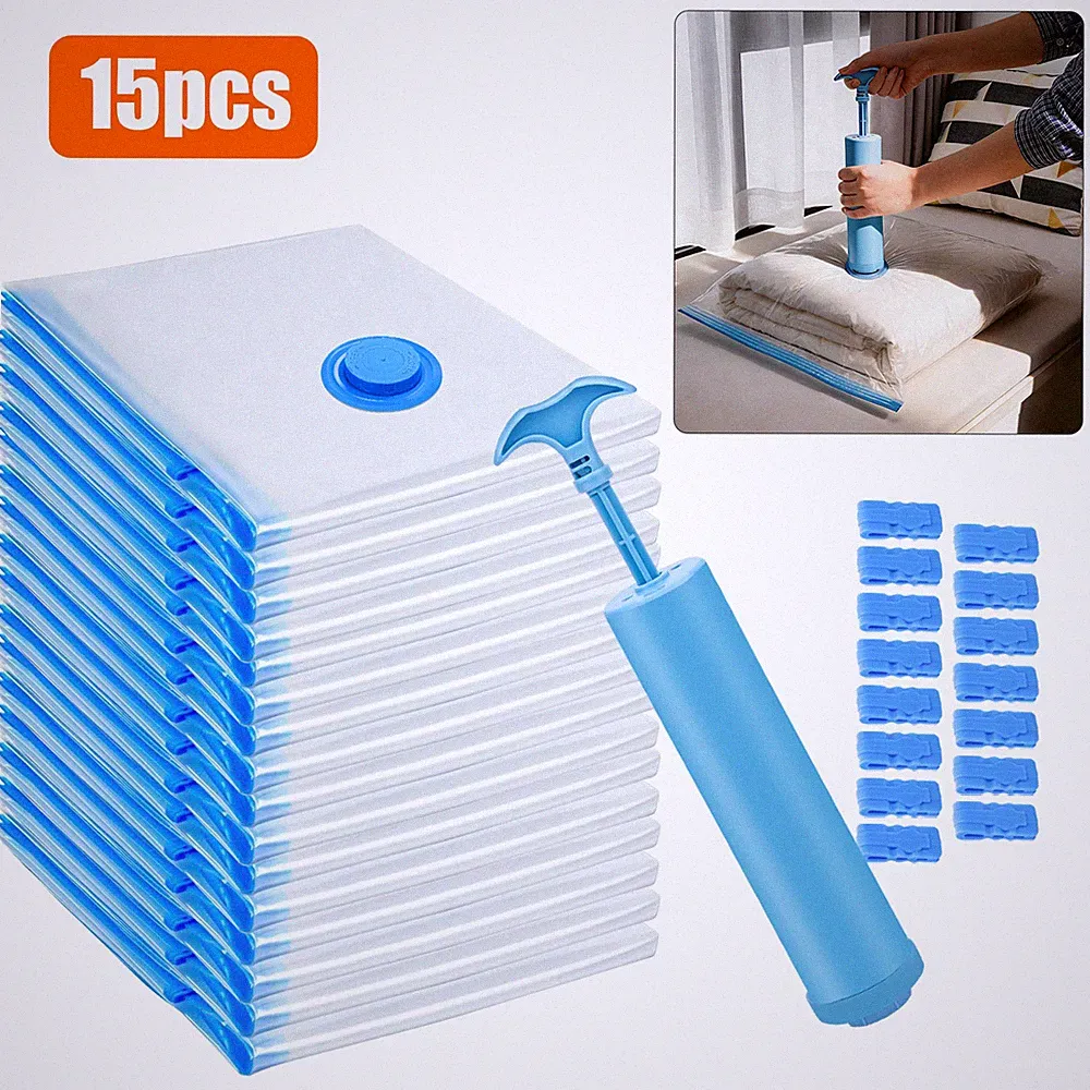 15PCS Vacuum Storage Bags with Hand Pump Space Saver for Clothes Bedding Travel