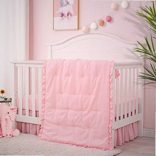 3 Pieces Crib Bedding Set for Girls- Solid Ruffle Quilted Includes Comforter...