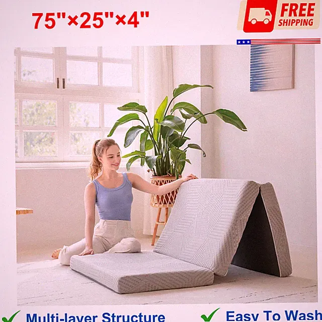 4-Inch Tri-Fold Memory Foam Mattress Topper For Travel & Guests, Washable Cover