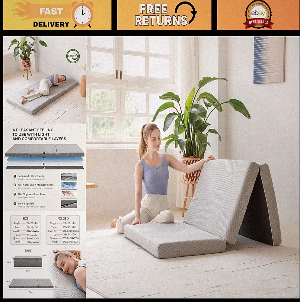 4" Tri-Fold Memory Foam Mattress Topper - Collapsible, Washable Cover, Travel &