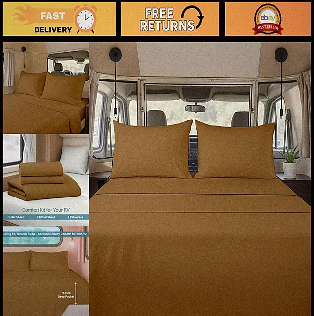 4PC RV Sheet Set 48x80 - Taupe Deep Pocket Fitted for 15" Mattress, Soft Microfi