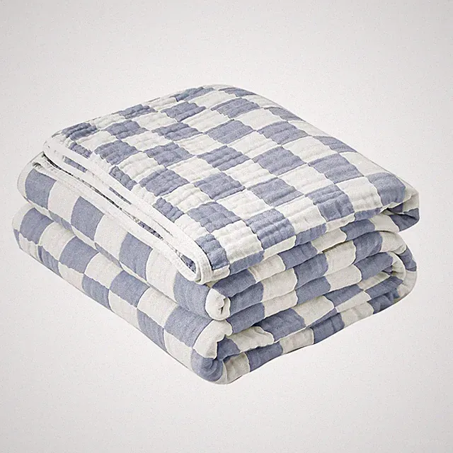 6-Layer Gauze Muslin Blanket 100% Cotton Blue Checkerboard King Size 90"x104"...