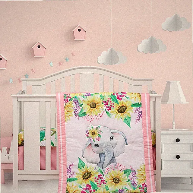 Crib Bedding Set for Baby Girls - 3 Piece Elephant Baby Bedding Set includes Pin