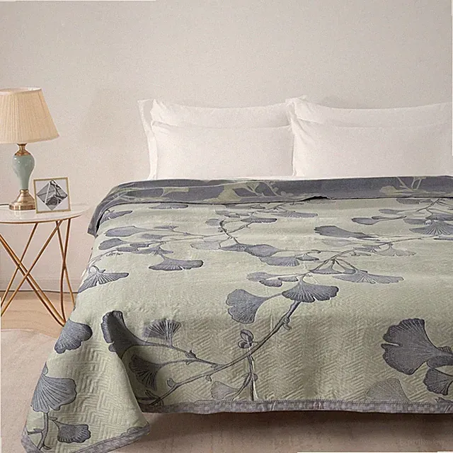 Ginkgo Leaf Cotton Quilt Green Gray Reversible King Size Bedspread Coverlet f...