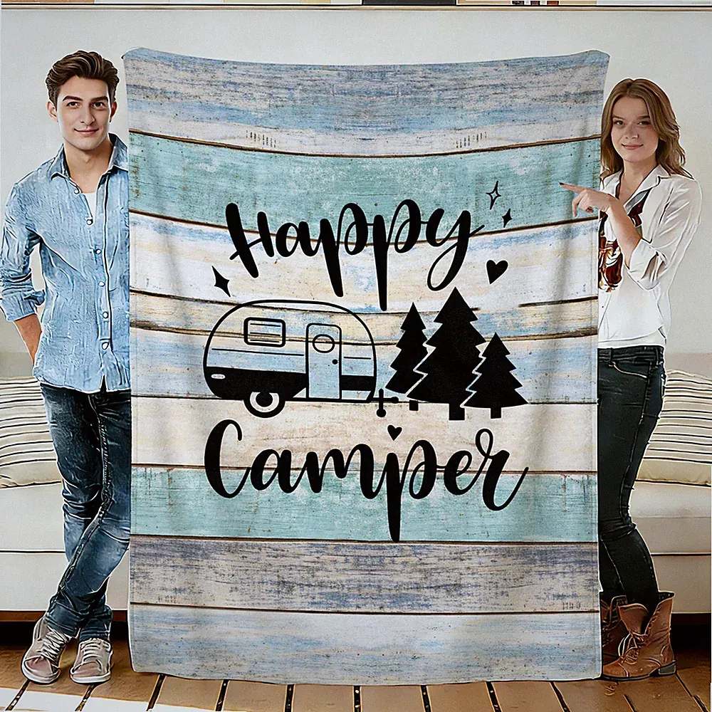 Happy Camper Trailer Tree Flannel Blanket Soft Cozy Tapestry Napping Travel Use