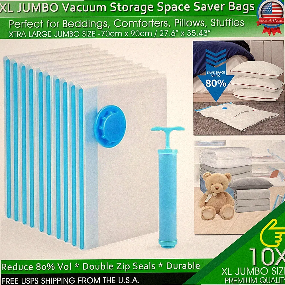 Jumbo Vacuum Storage Bags XL XXL Bedding Clothes Travel Space Saver w/ Hand Pump
