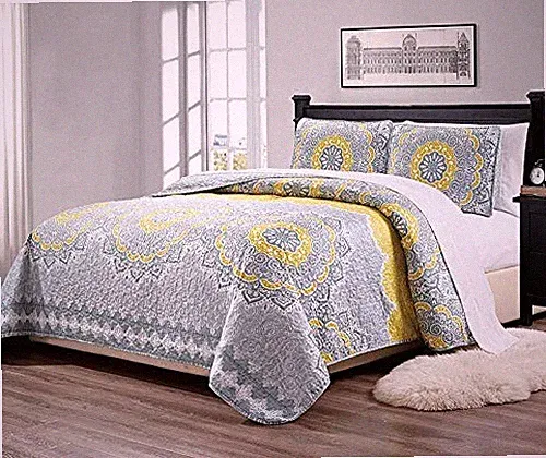 Linen Plus 3pc Over Size Quilted Bedspread Floral King/California King Yellow