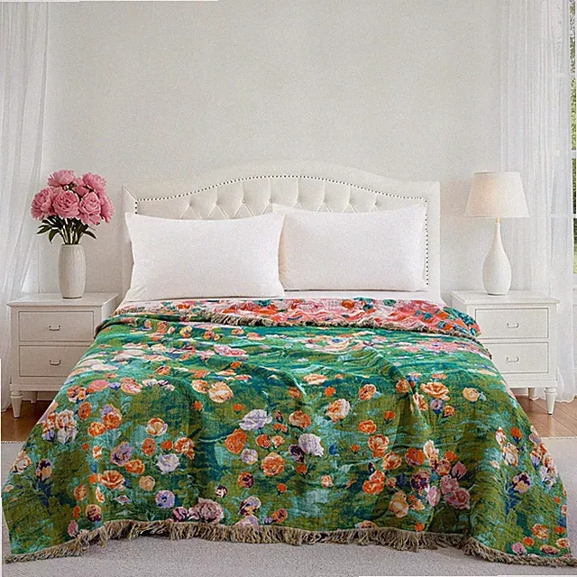 Luxurious 100% Cotton Muslin Floral Blanket, 90"x98" Reversible Throw