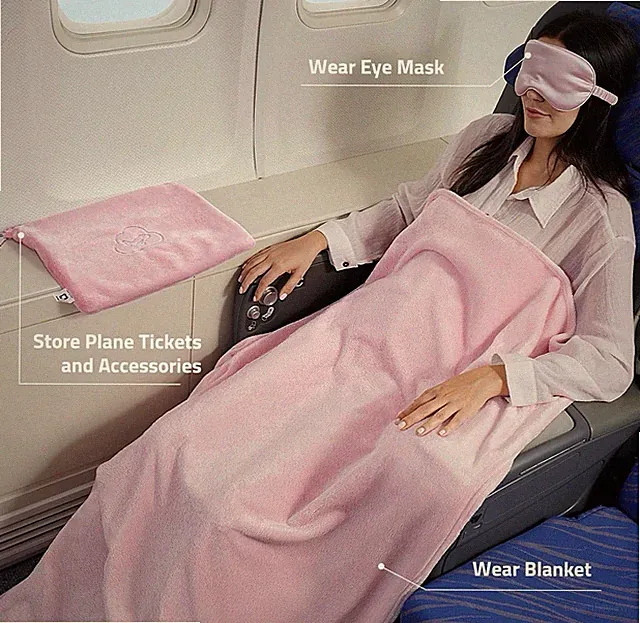 Pink Fleece Travel Blanket Set 65x40 in with Eye Mask, Pillow, Sleeve, Clip