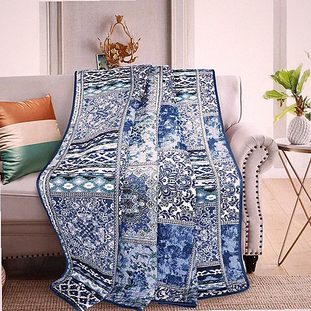 Quilted Throw Blanket for Bed Couch Sofa, Blue Classic Bohemian, 60X78 Inch