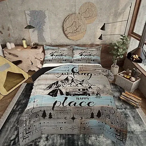 Rv Bedding Set for Travel Trailers Happy Camping Bunk Full Blue Black Grey
