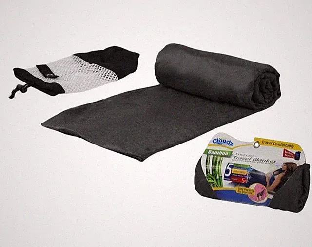 Travel Blanket w Bag Cloudz Compact Bamboo Fabric Black Soft Cozy 42" x 72" NEW